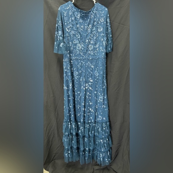 MAC DUGGAL 9270 NWT Sequin Embellished Flutter Sleeve Faux Wrap Tiered Gown - Picture 6 of 7